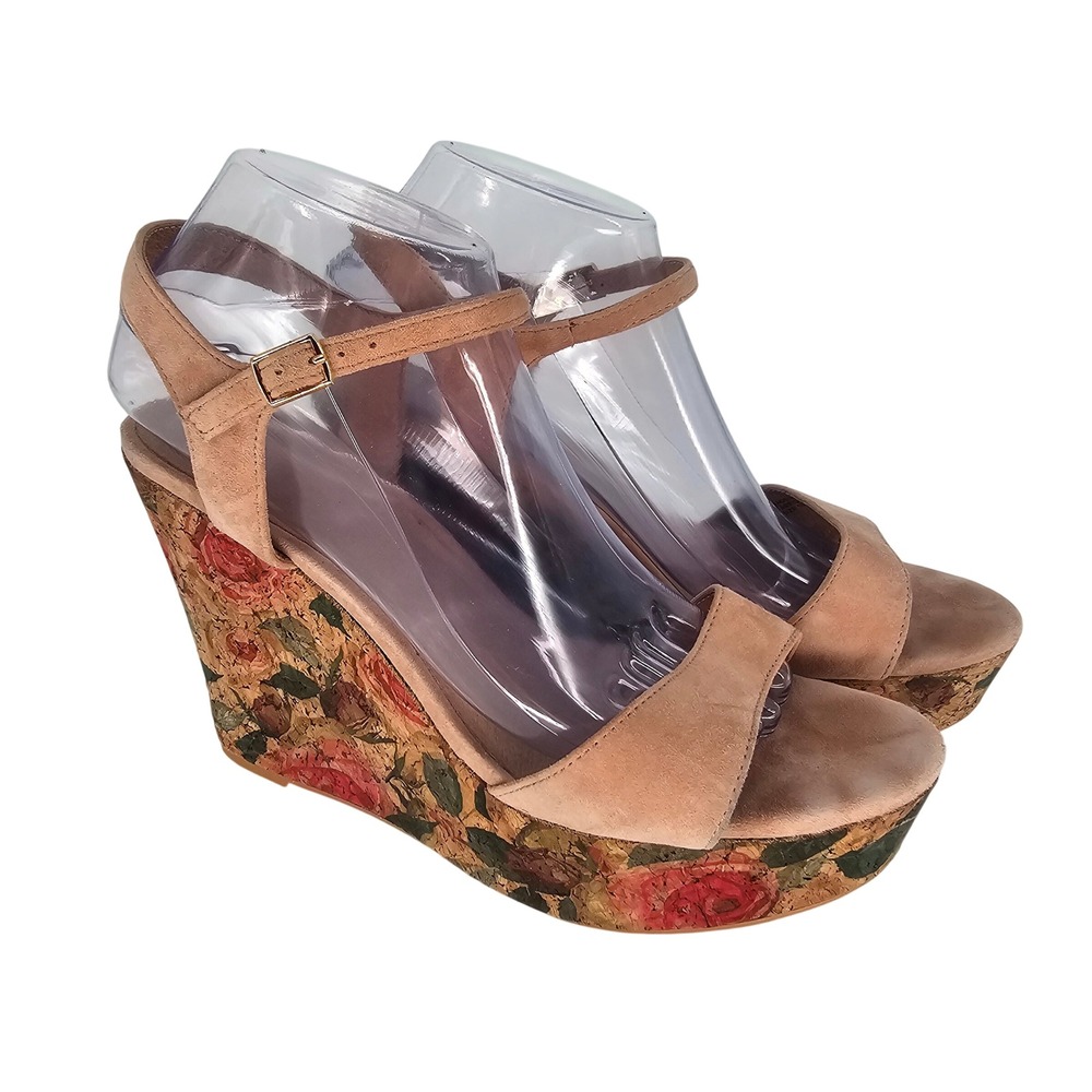 Anthropologie Suede Floral‎ Print Cork Wedge Platform Sandals 10M Ankle Strap